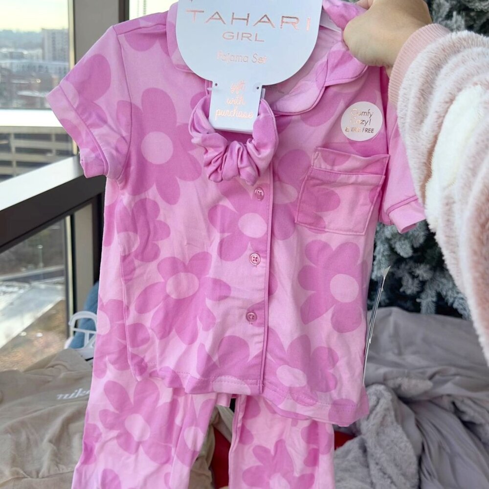 Pink Flower Pajamas with Scrunchie Set